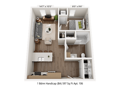 Floor plan for 1 bed, 1 bath, 597 sqft